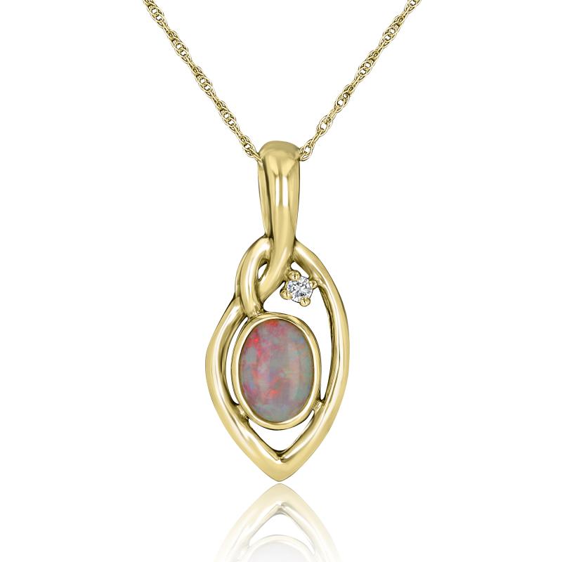 14K Yellow Gold Opal and Diamond Pendant Necklace