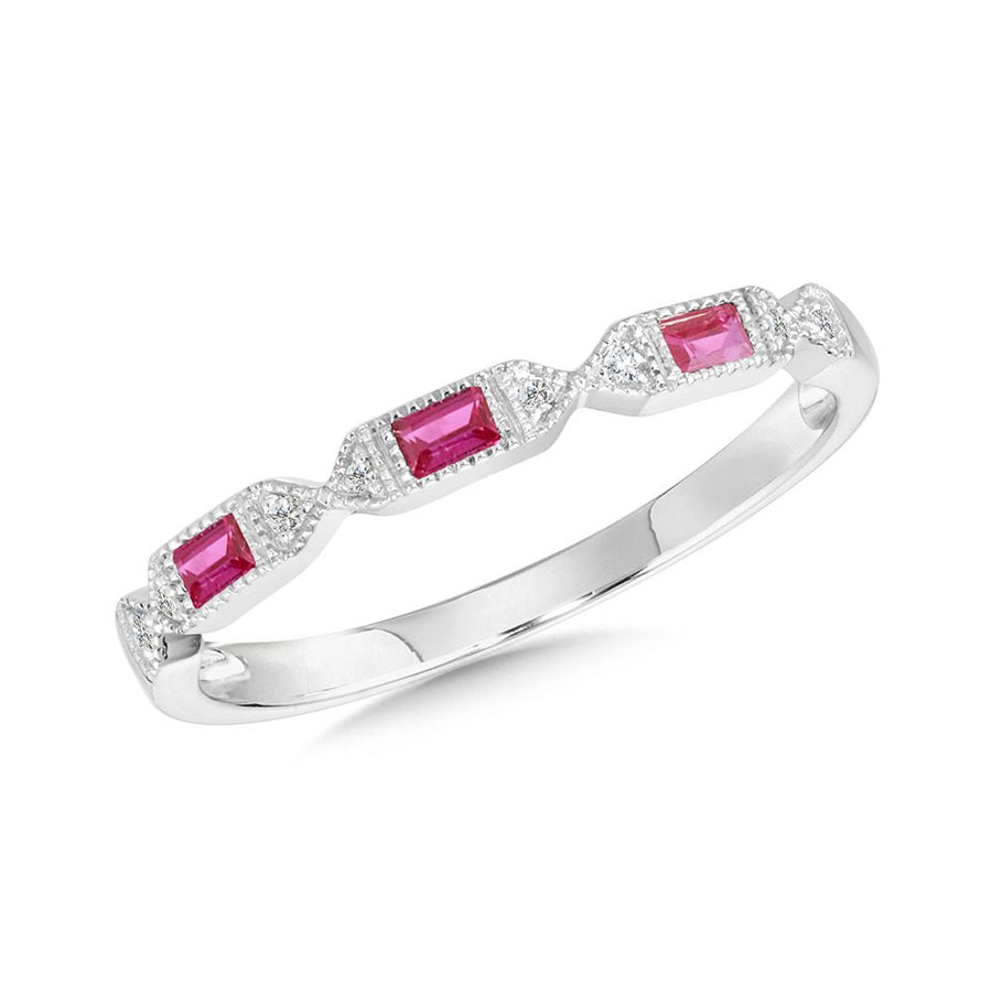 14K White Gold Ruby and 0.03ct Diamond Band
