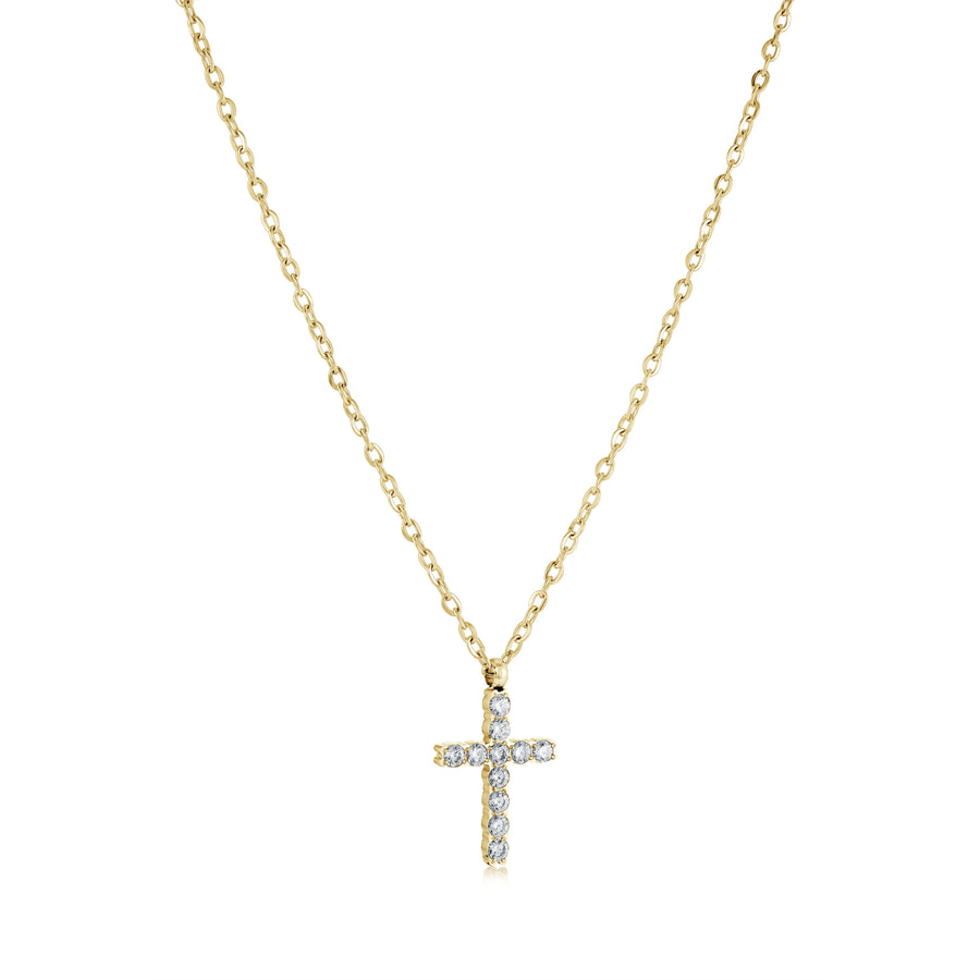 Stainless Steel Gold IP Cubic Zirconia Cross Pendant on an 16-18