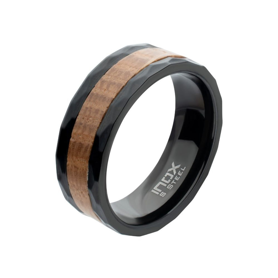 8mm Whiskey Barrel Wood Inlay Black IP Steel Comfort Fit Ring
