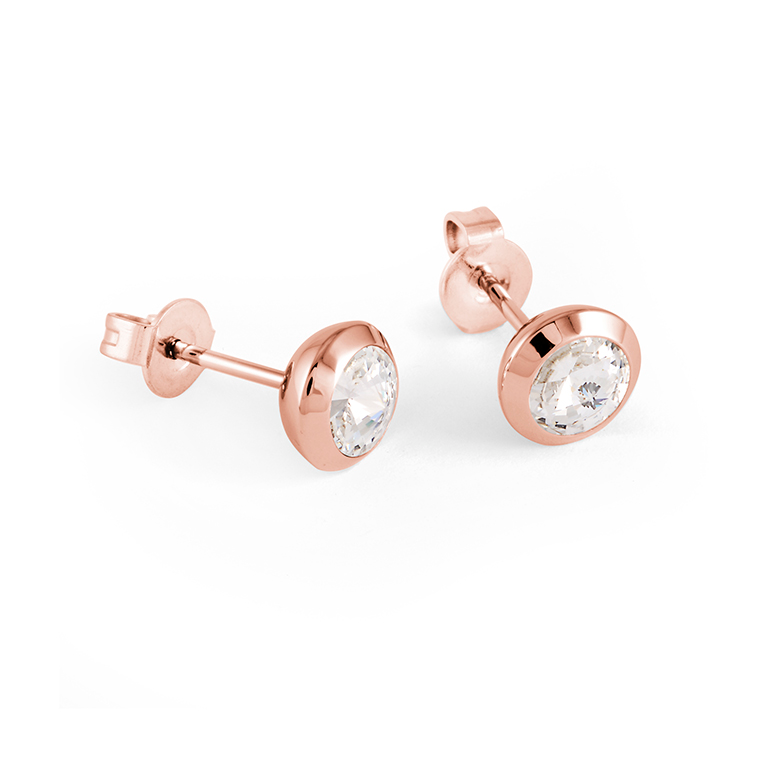 Stainless Steel Rose IP Cubic Zirconia Bezel Stud Earrings