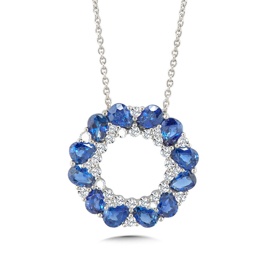14K White Gold Sapphire and 0.33ct Diamond Pendant on 18