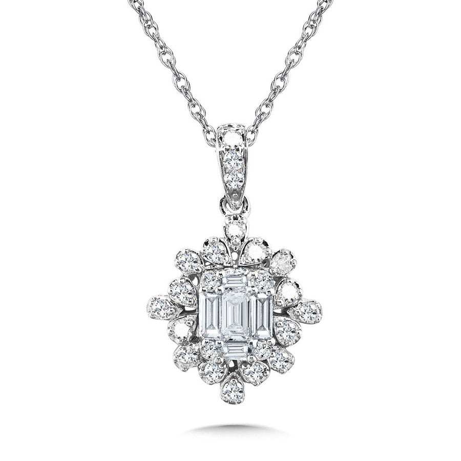 14K White Gold Baguette and Round 0.25ct Diamond Halo Necklace