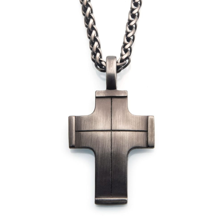 Gun Metal IP Cross Pendant with Steel Wheat Chain 24