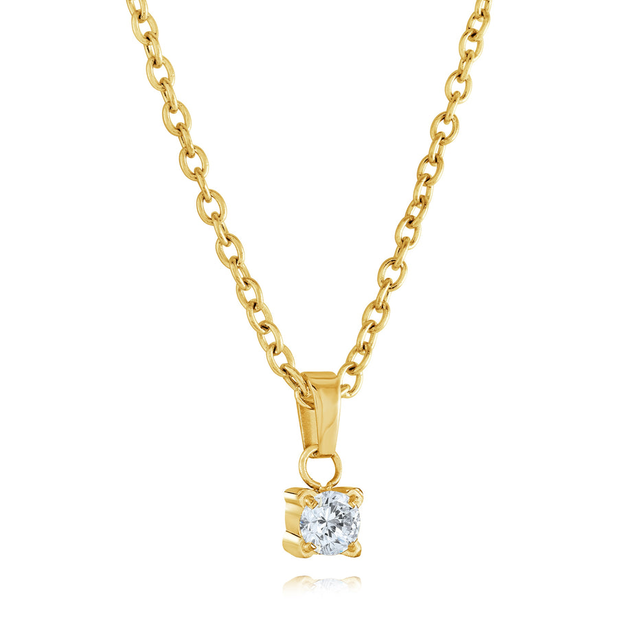 Stainless Steel Gold IP Solitaire Cubic Zirconia Pendant on an 18-20