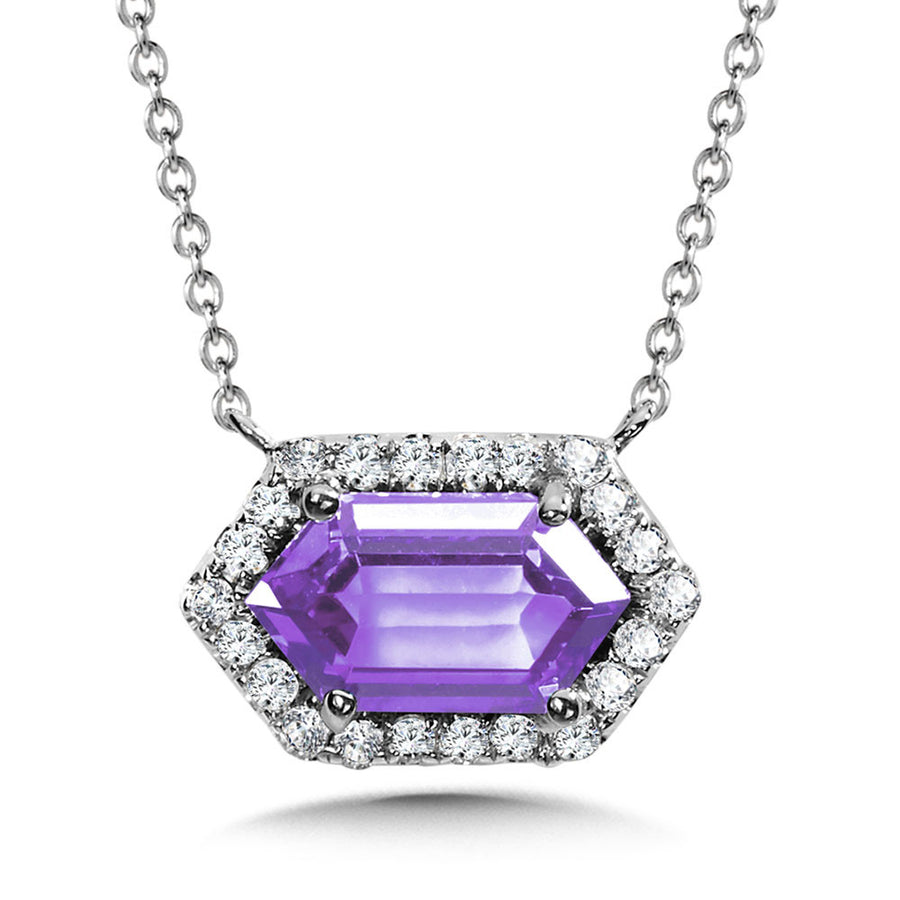 14K White Gold Amethyst and 0.10ct.Diamond Necklace