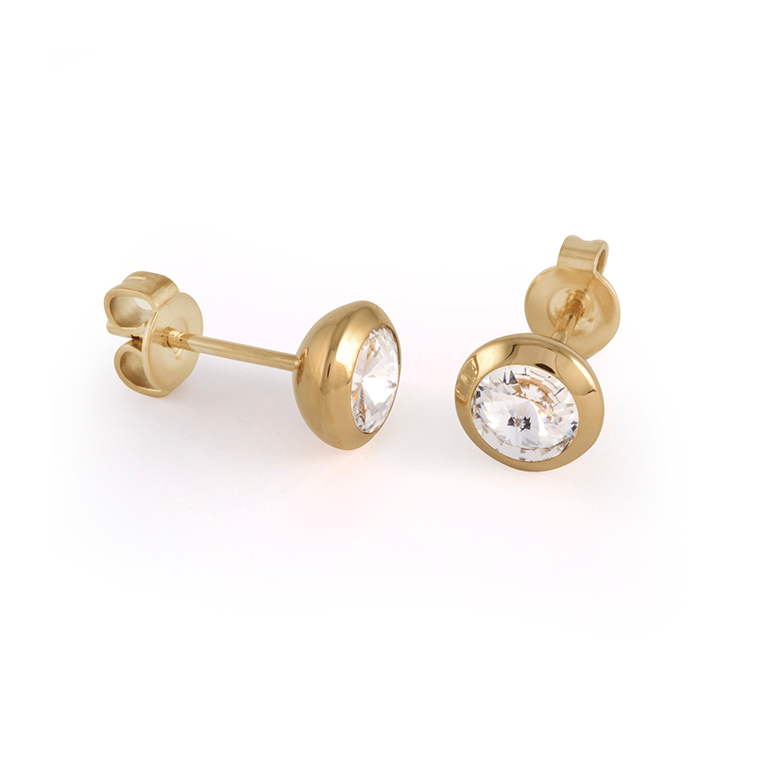 Stainless Steel Gold IP Cubic Zirconia Bezel Stud Earrings