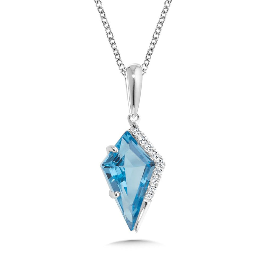 14K White Gold Blue Topaz and 0.02ct Diamond Pendant on Chain