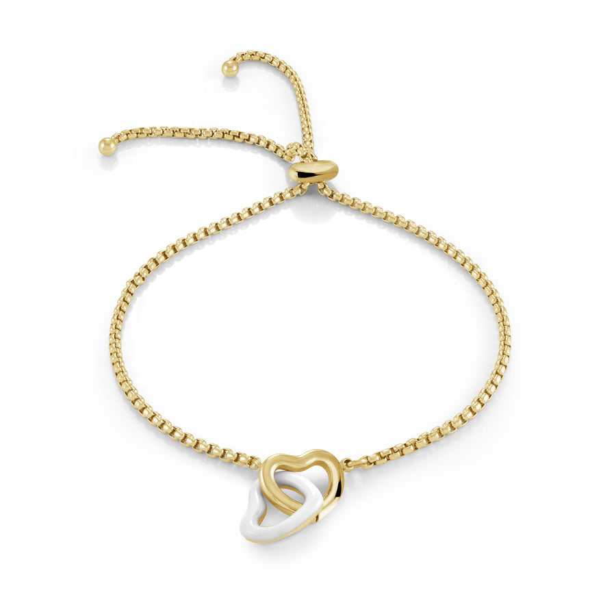 Stainless Steel Gold IP Puffed Double Heart Adjustable Bolo Bracelet