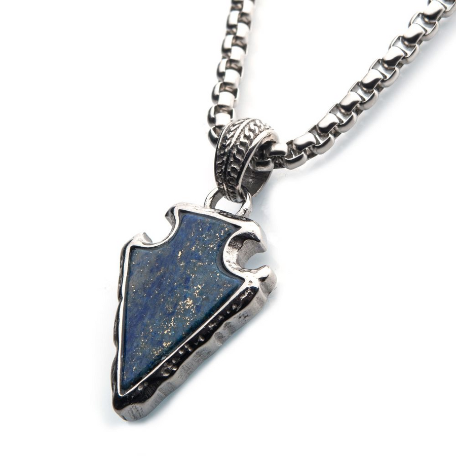 Lapis Lazuli Stone with Polished Steel Frame Pendant with Polished Steel Box Chain 24