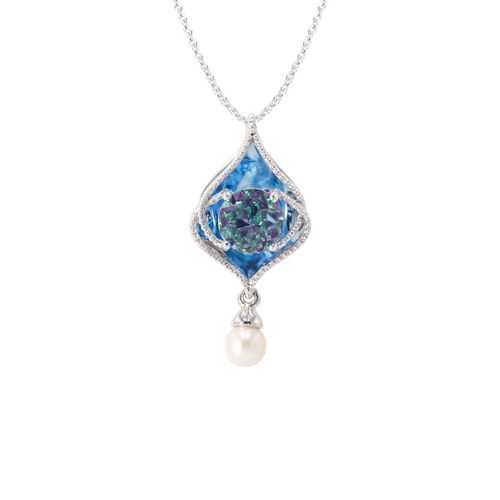 14K White Gold Blue Topaz, Emerald, Ruby and Pearl Necklace