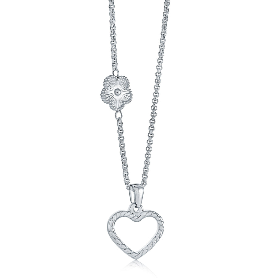 Stainless Steel Heart and Flower Pendant on an 16-18