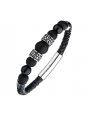 Black Genuine Leather with Steel and Tiger Eye Bead Bracelet