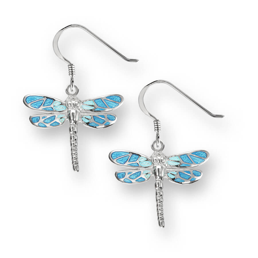 Sterling Silver Blue Enameled Dragonfly Earrings