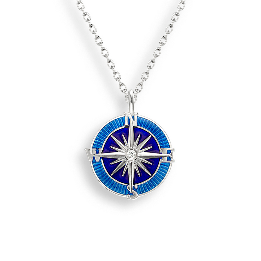 Sterling Silver Enameled Blue Compass and Sapphire Necklace