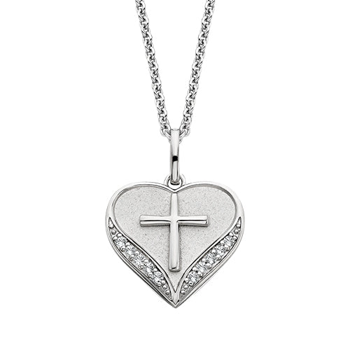 Sterling Silver White Topaz Heart and Cross Necklace