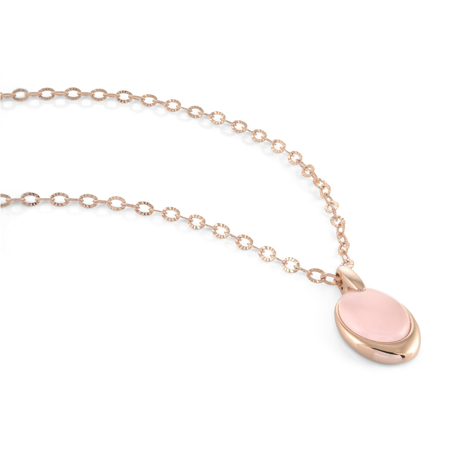 Stainless Steel Rose IP Pink Oval Stone Necklace
