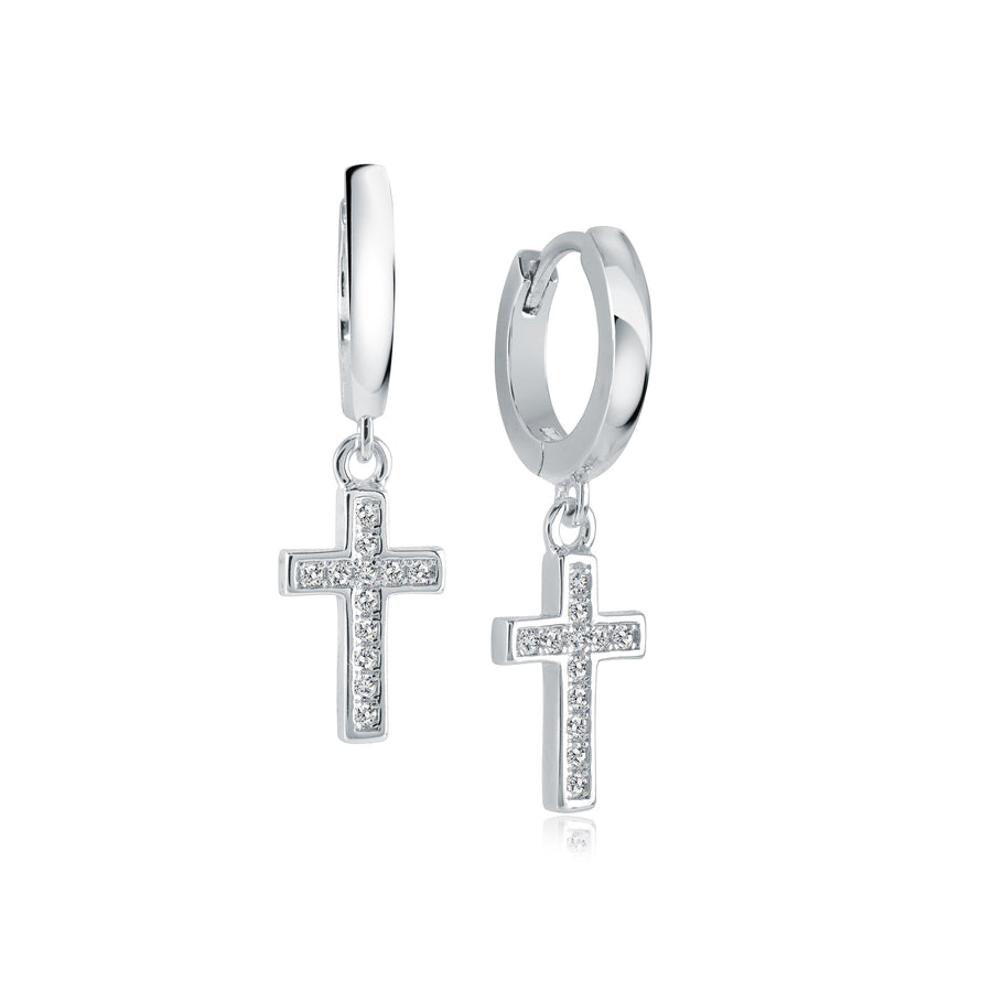 Stainless Steel Cubic Zirconia Cross Dangle Hoop Earrings