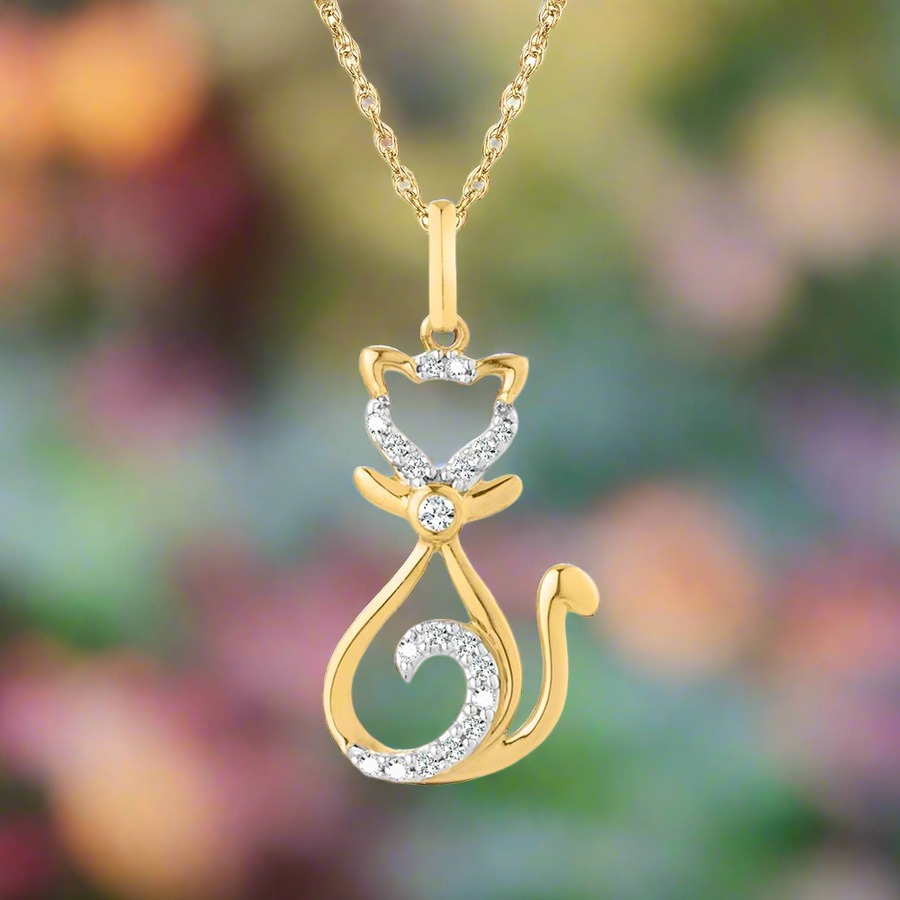 10K Yellow Gold 0.08ct. Diamond Cat Pendant on 18