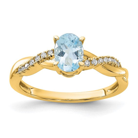 14K Yellow Gold Oval Aquamarine and Diamond Ring