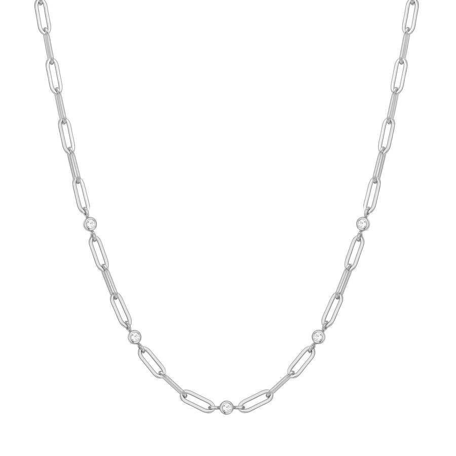 Silver Bezel Station Paper Clip Chain Necklace