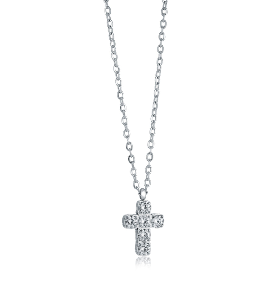 Stainless Steel Cubic Zirconia Puffed Cross Pendant on a 16-18