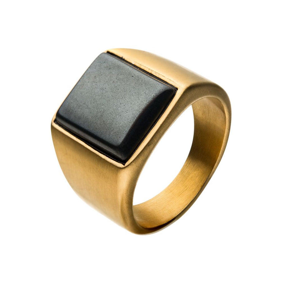 Stainless Steel Matte Gold IP Signet Rings with Polished Hematite