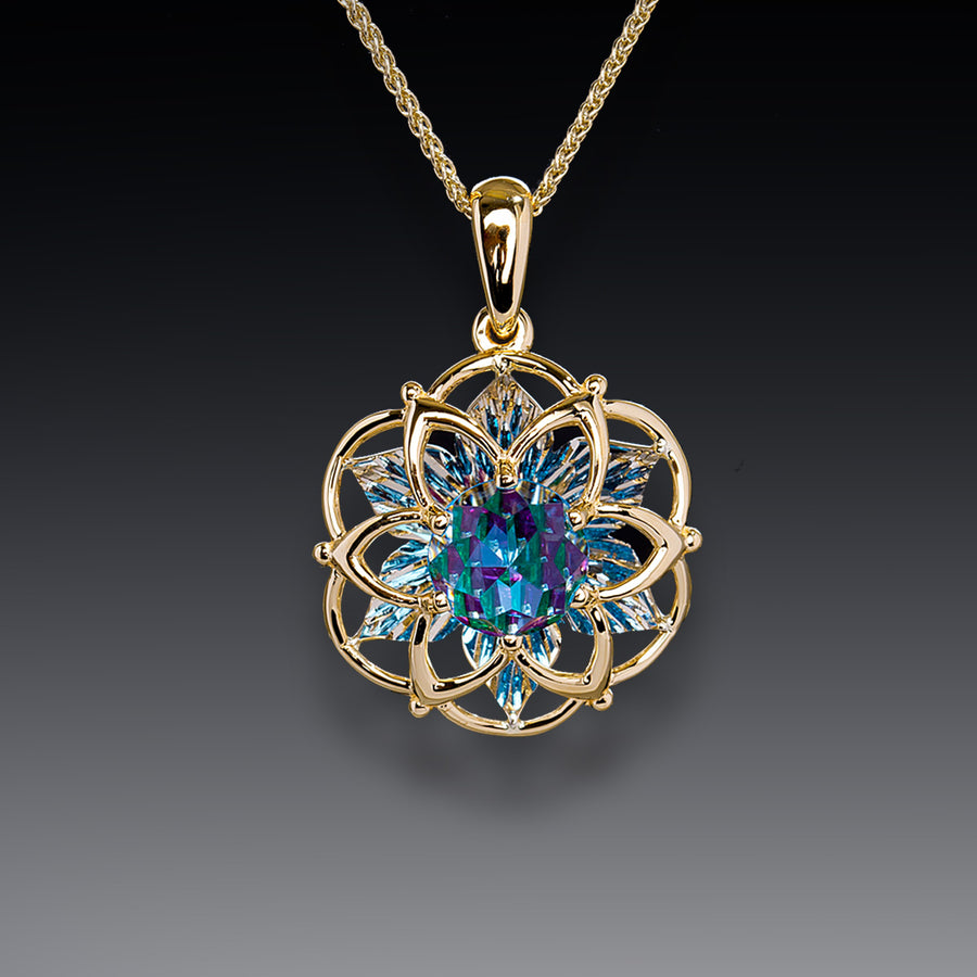 14K White and Yellow Gold Blue Topaz, Ruby and Emerald Necklace