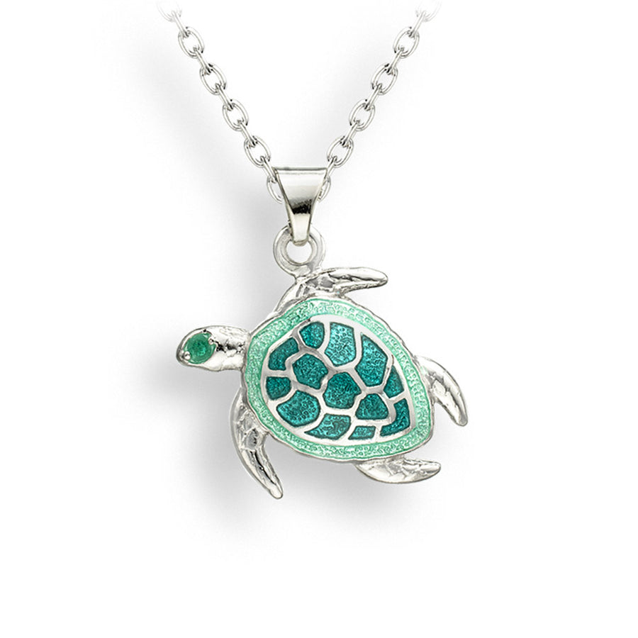 Sterling Silver Enameled Sea Foam Green Sea Turtle Necklace
