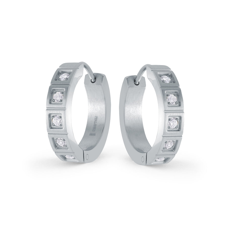 Stainless Steel Cubic Zirconia Brushed Hoop Earrings