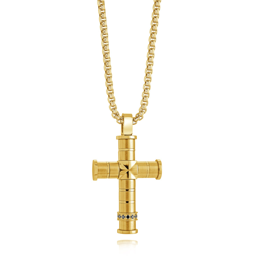 Stainless Steel Gold IP Brushed Polished Black Cubbic Zirconia Cross Necklace - 22