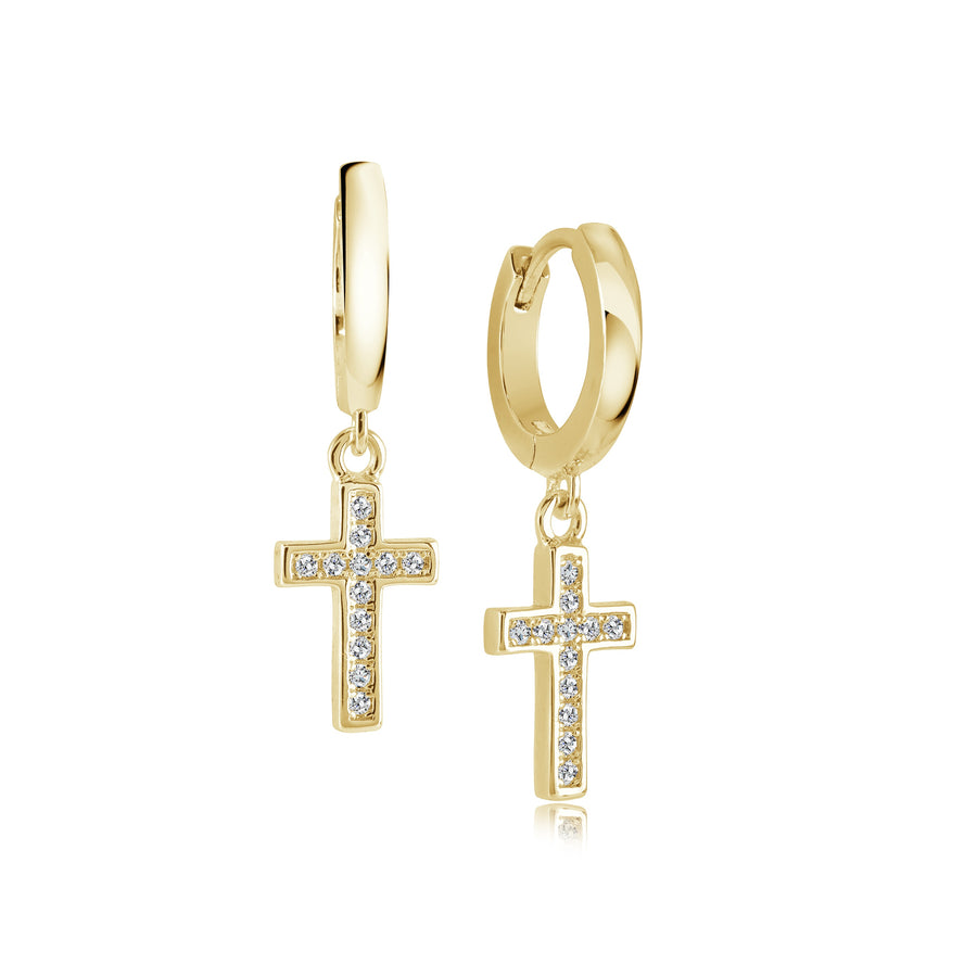 Stainless Steel Gold IP Cross Drop Cubic Zirconia Hoop Earrings