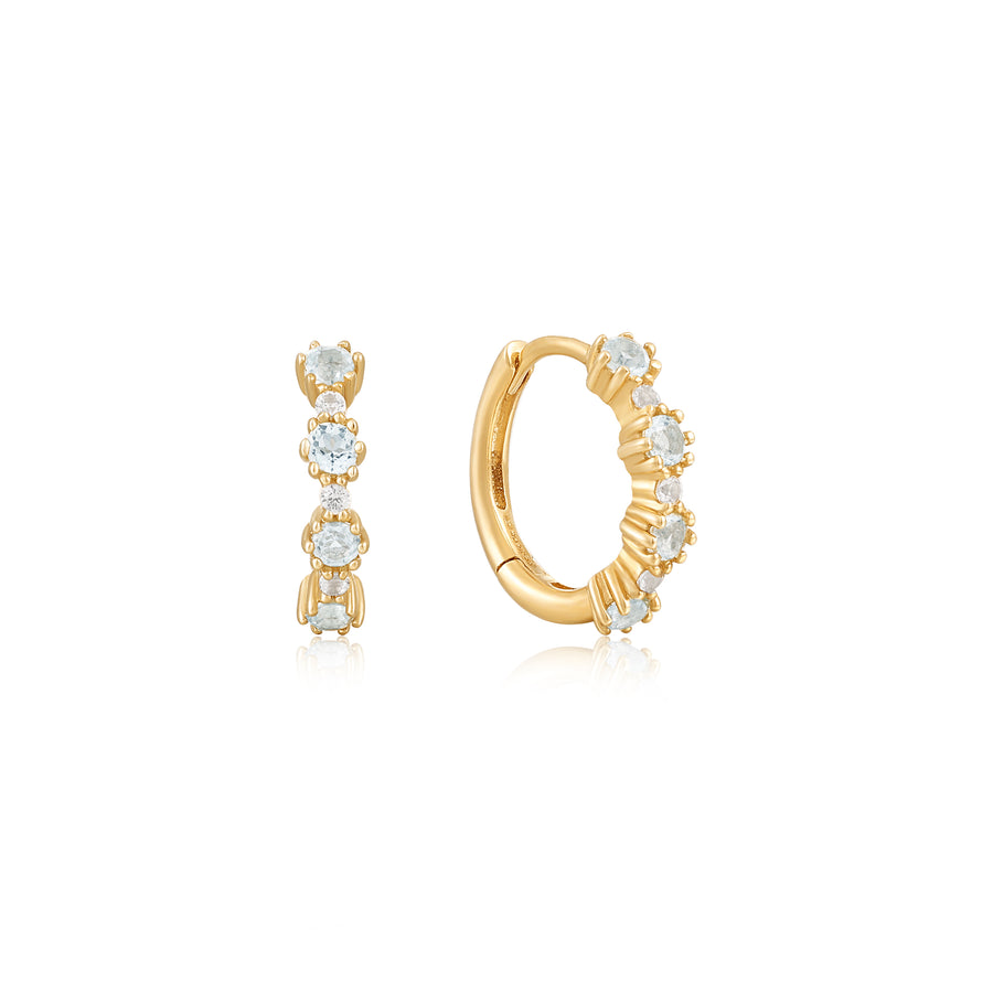 14k Yellow Gold White Sapphire and Light Blue Topaz Huggie Hoop Earrings