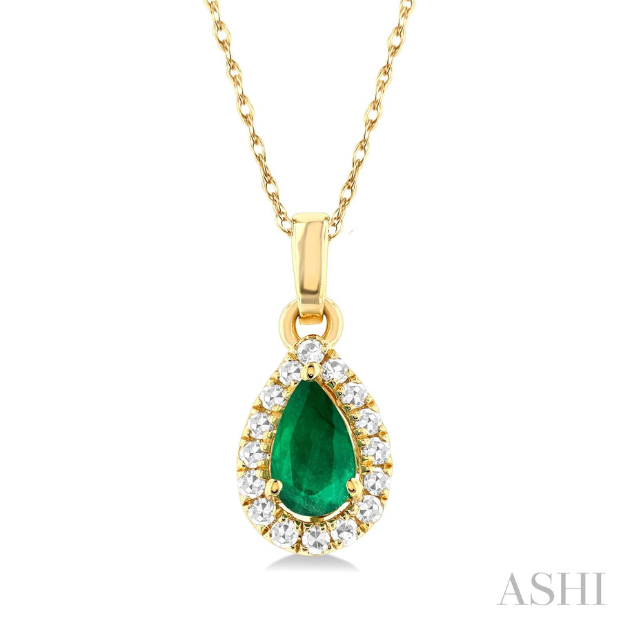 10K Yellow Gold Emerald and Diamond Halo Necklace