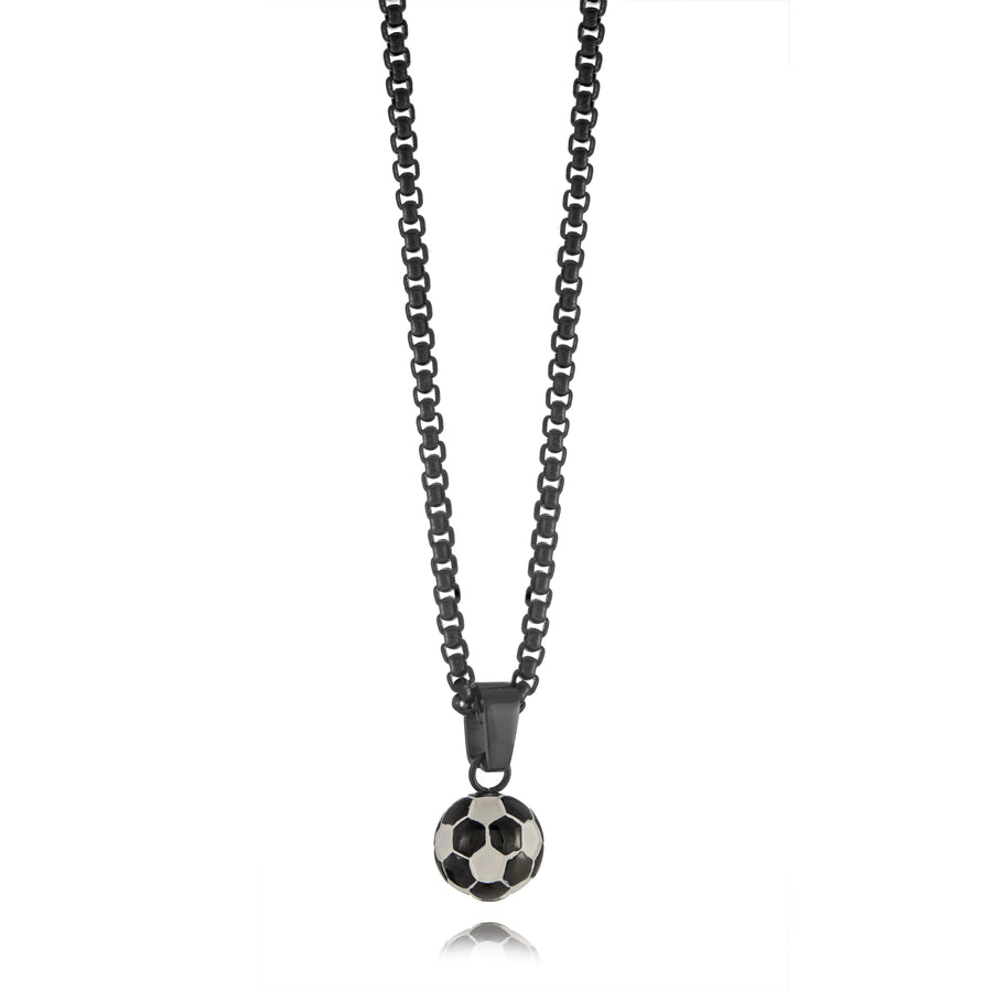Stainless Steel and Black IP Soccer Ball Necklace on 22
